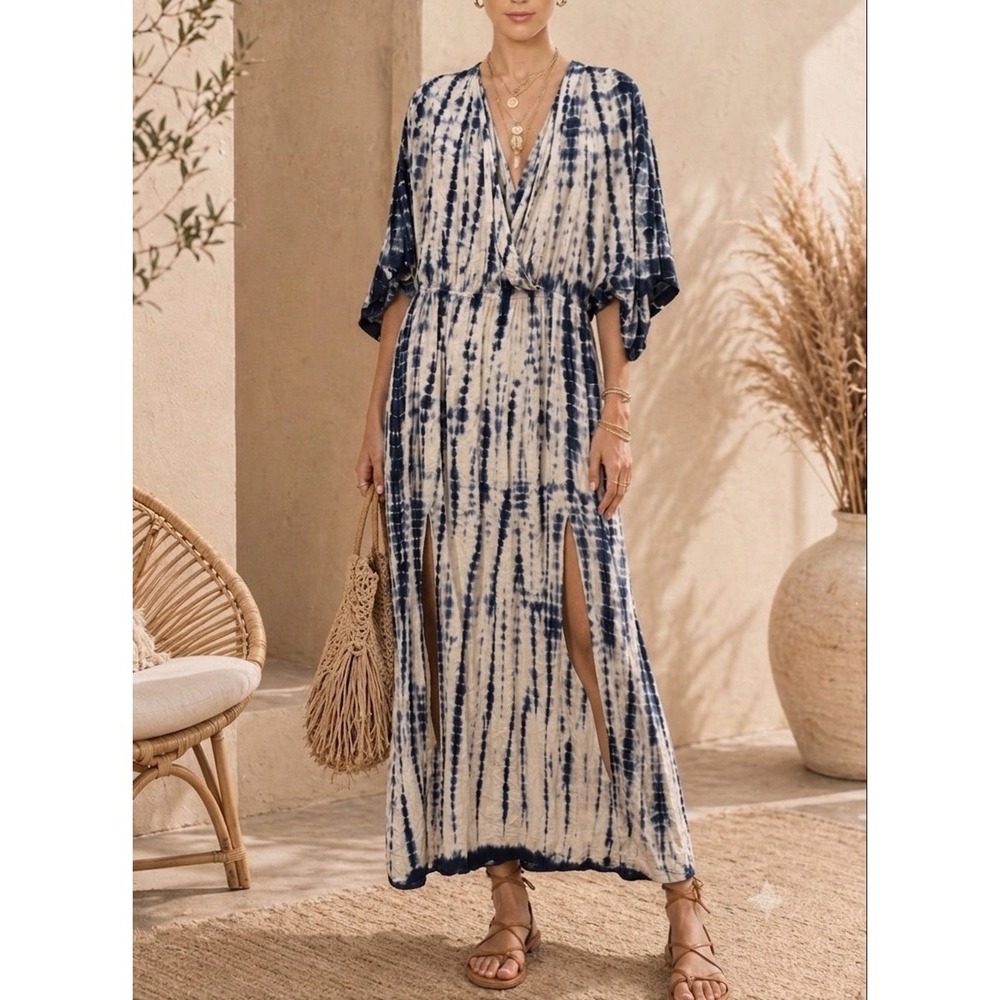 Aakaa Blue Tie Dye Kimono Sleeve Maxi Dress Surplice V-Neck Slit Rayon Large